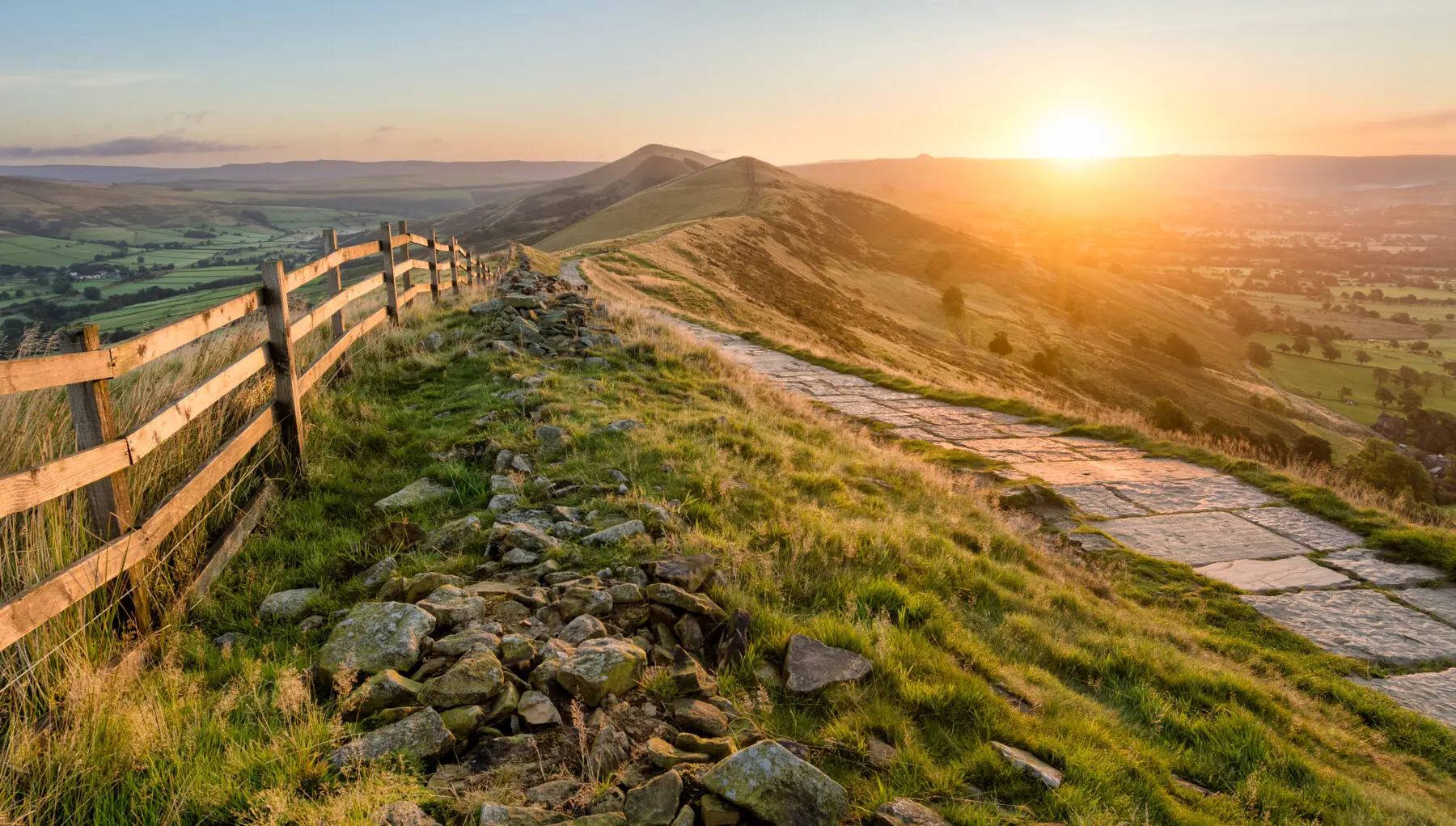 Stone Footpath Along Mountain Ridge In Peak District.